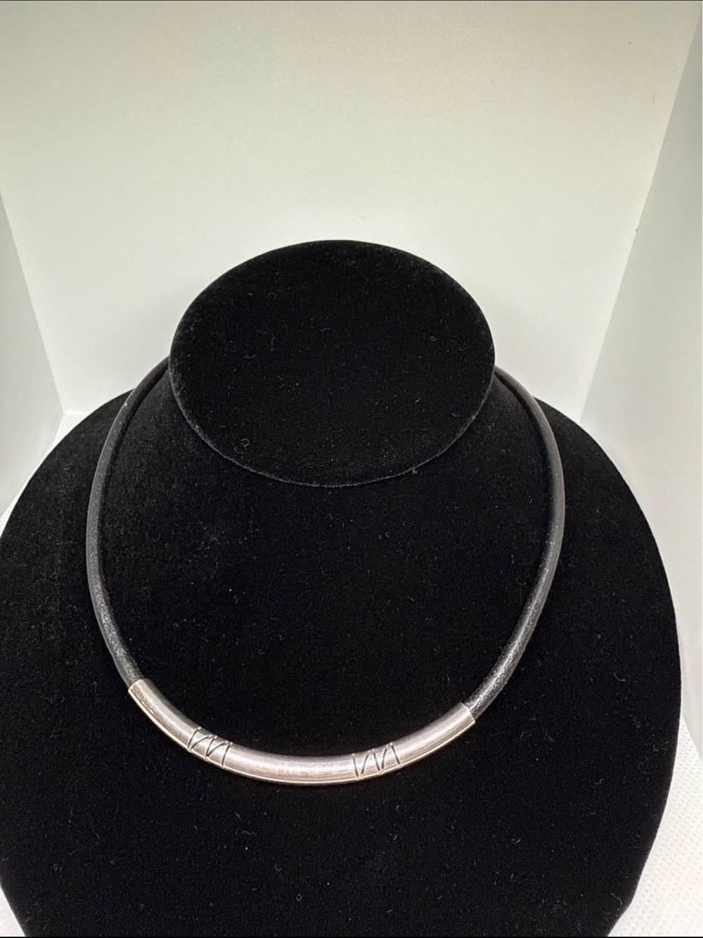 Sterling silver with black leather choker necklace 17”